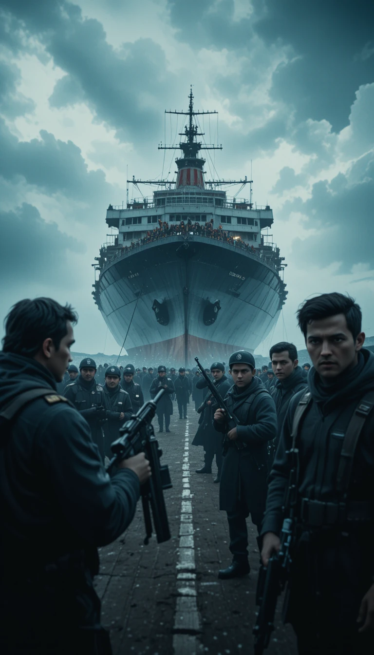 Cargo ship hijacked by armed terrorists on stormy ocean