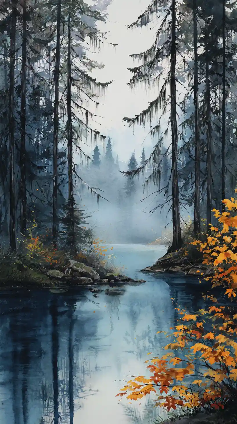 Peaceful watercolor forest lake with autumn foliage reflections