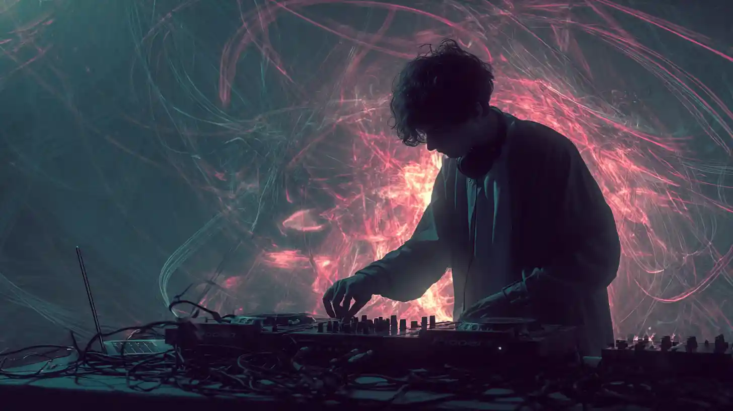 Chaotic digital DJ interface with neon abstract wires