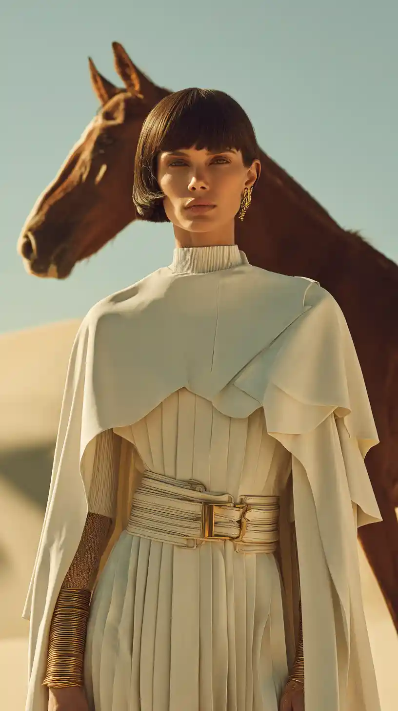 Mujer elegante y a la moda en dunas del desierto a la hora dorada