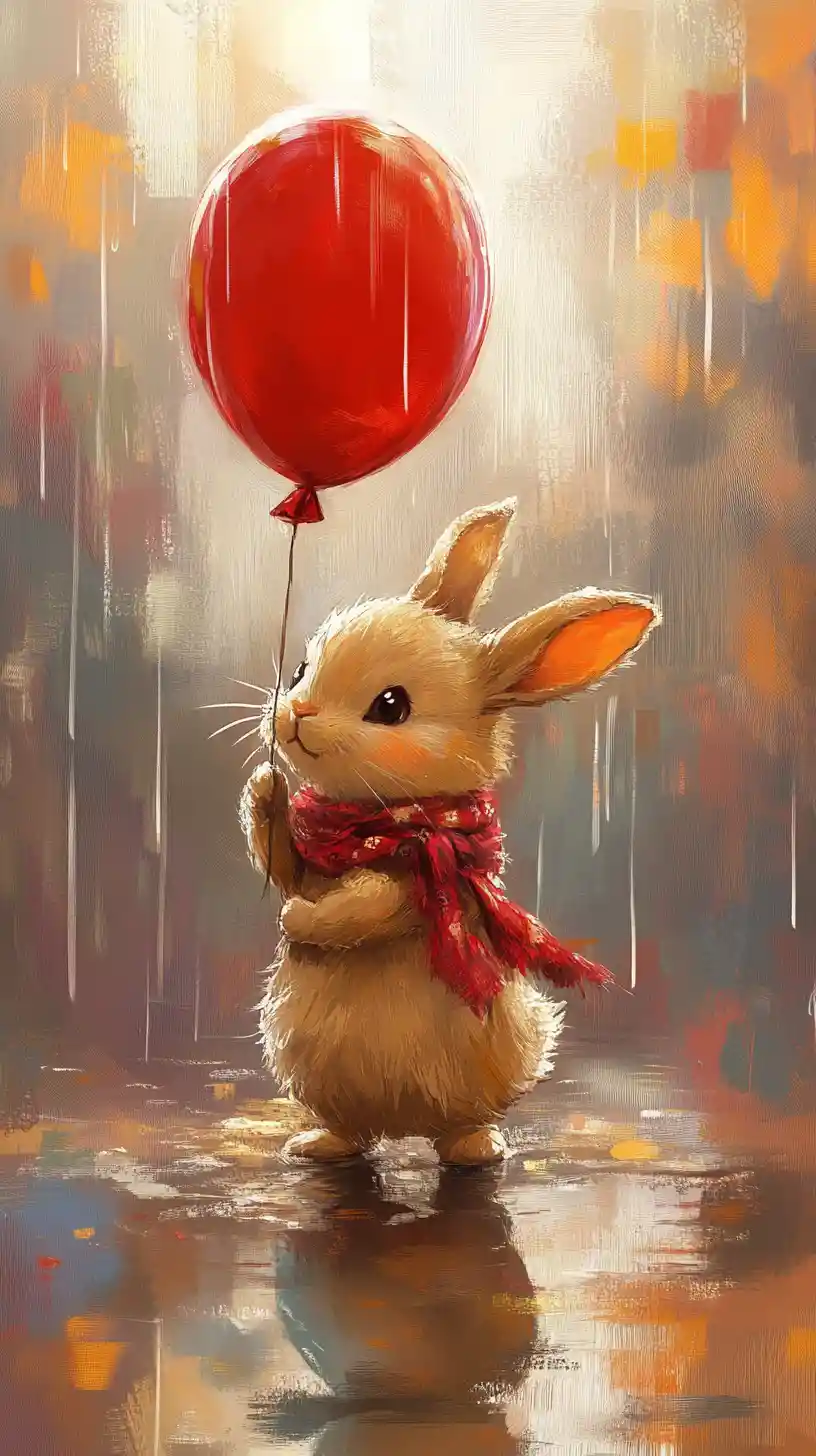 Cute rabbit with red balloon in rainy reflective puddle
