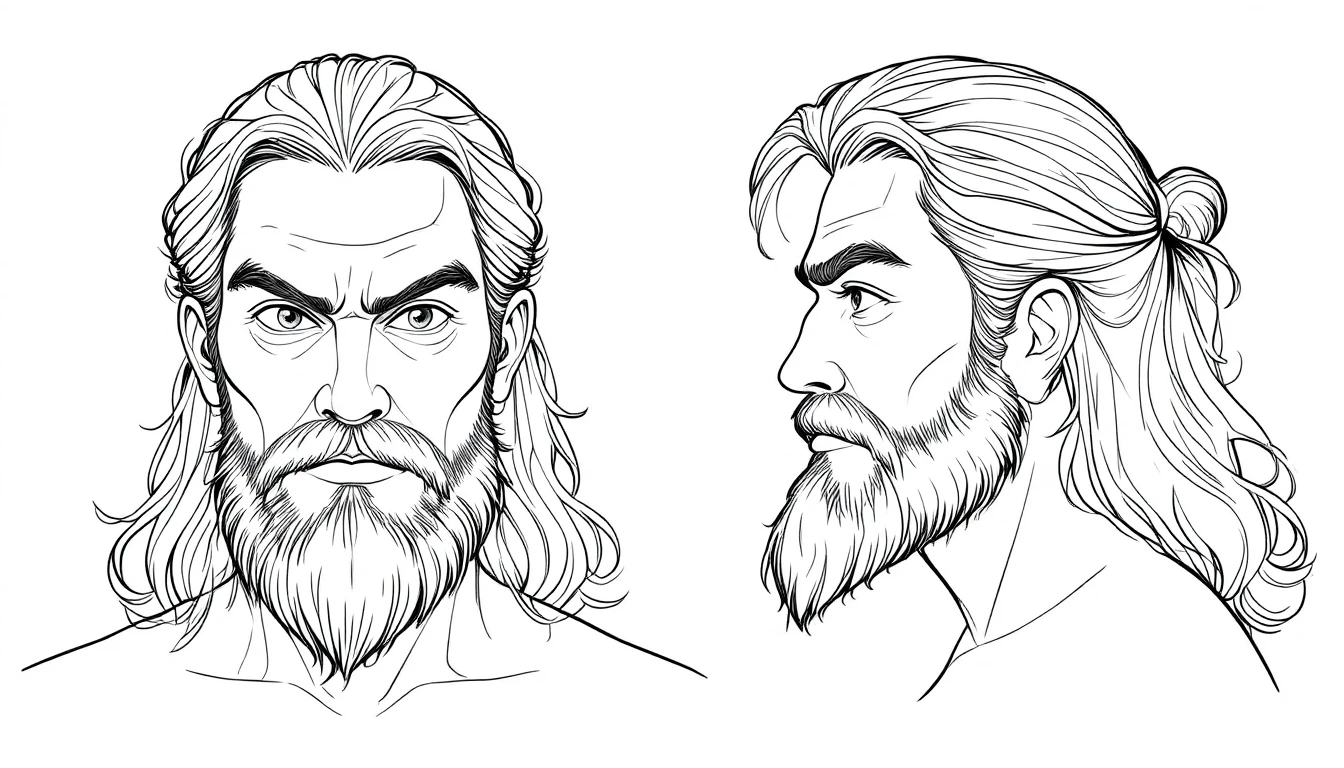 Black and white character sheet of a stern bearded man