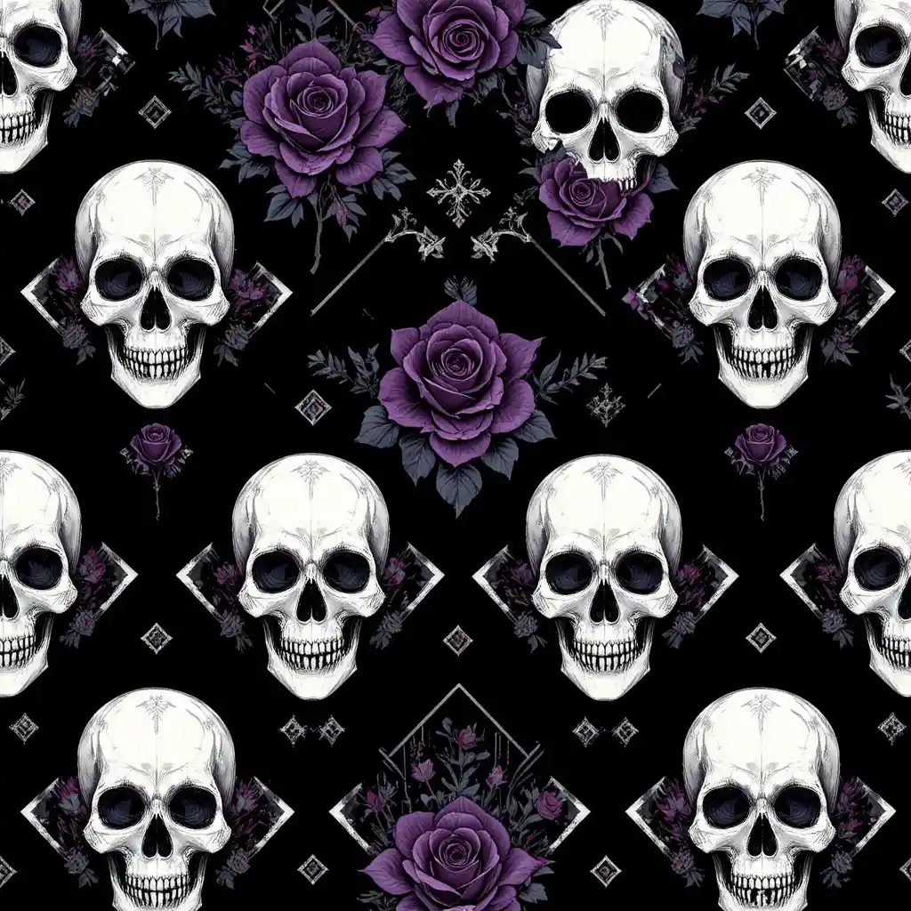 Gothic skull and purple rose diamond grid pattern