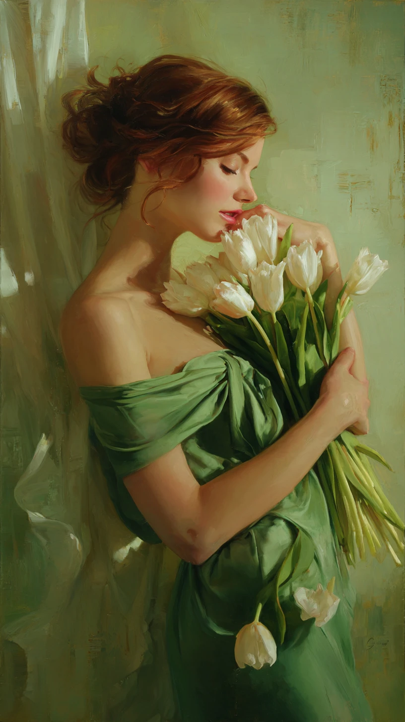 Woman With Tulip Bouquet In Soft Painterly Portrait