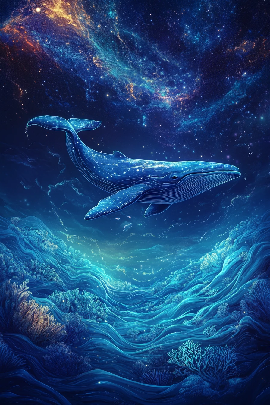 Cucciolo di balena che fluttua sopra onde oceaniche a strati surreali