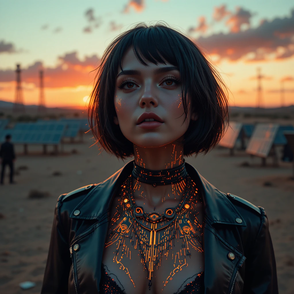Cyberpunk woman with glowing circuitry at desert solar farm