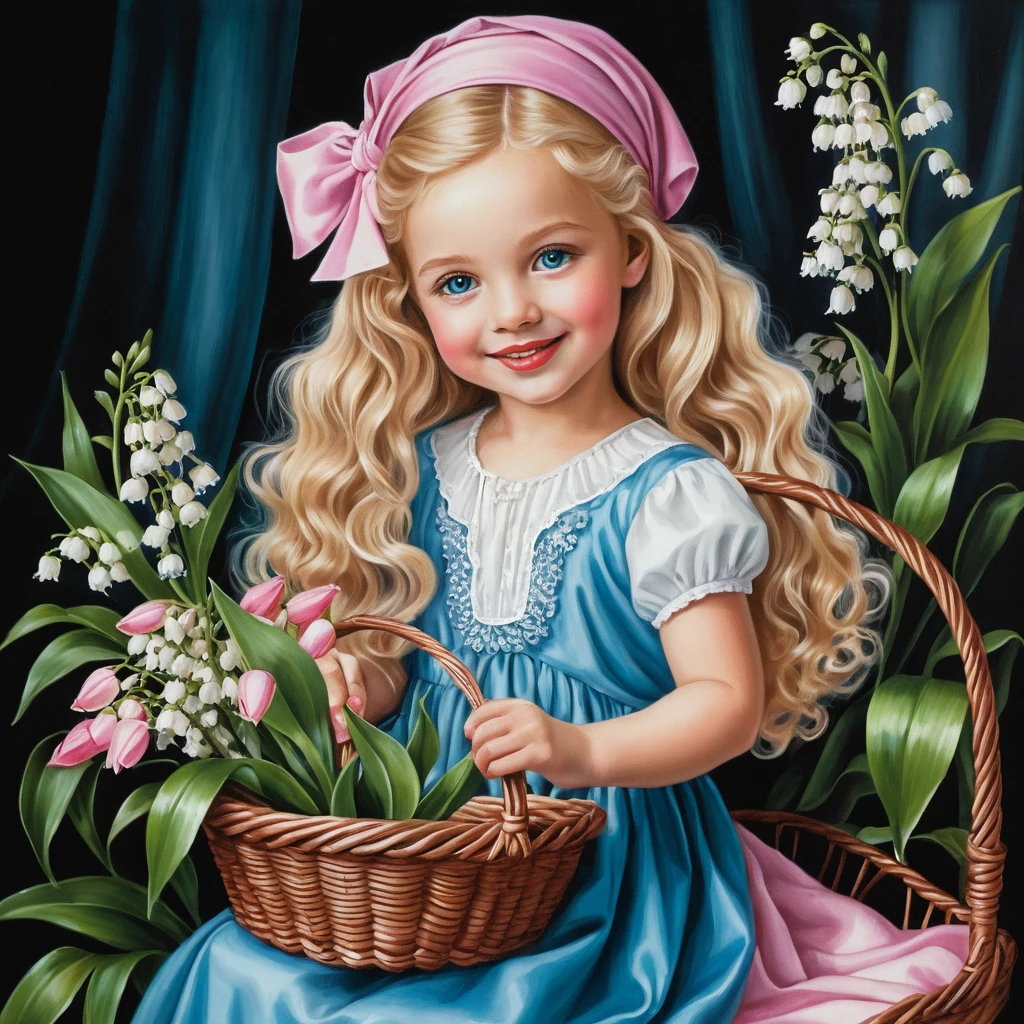 Smiling Spring Girl With Basket Of Lilies Of The Valley