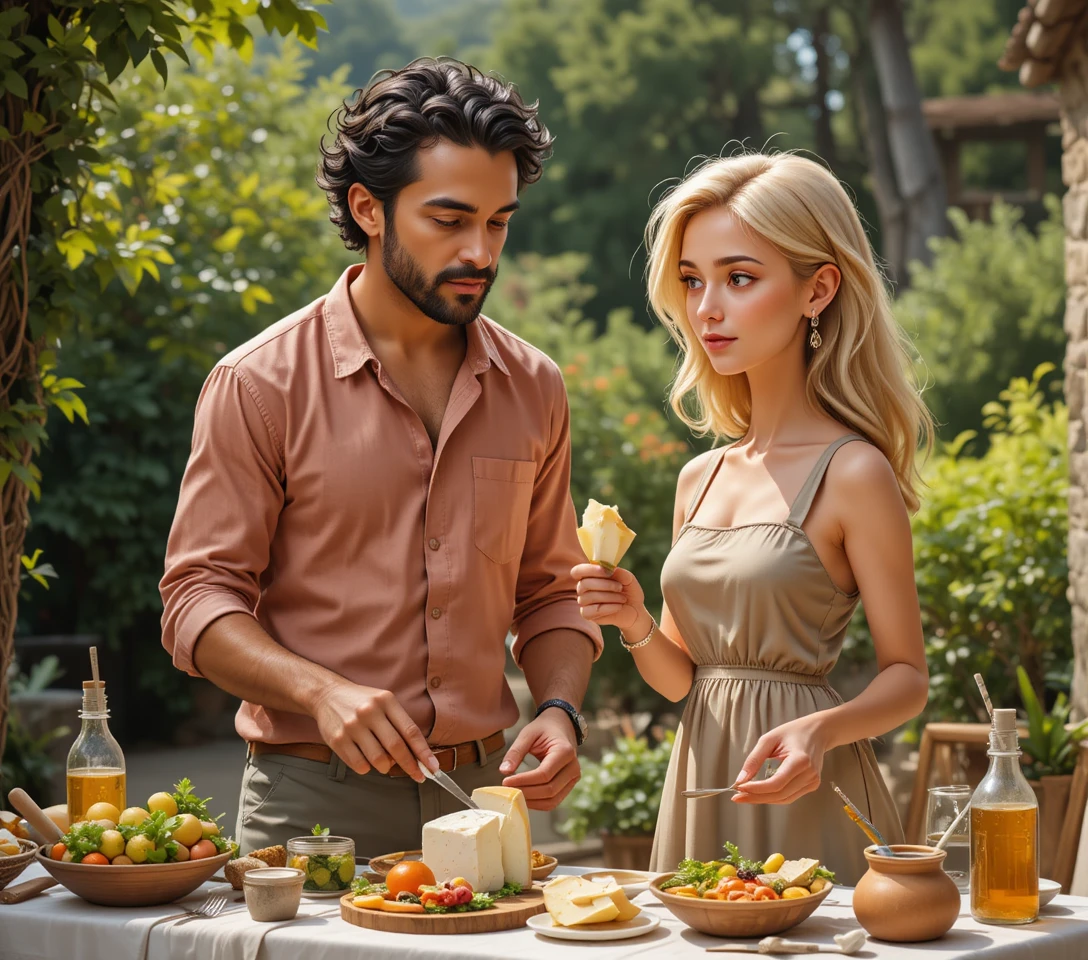 Couple preparing food together at an outdoor garden table