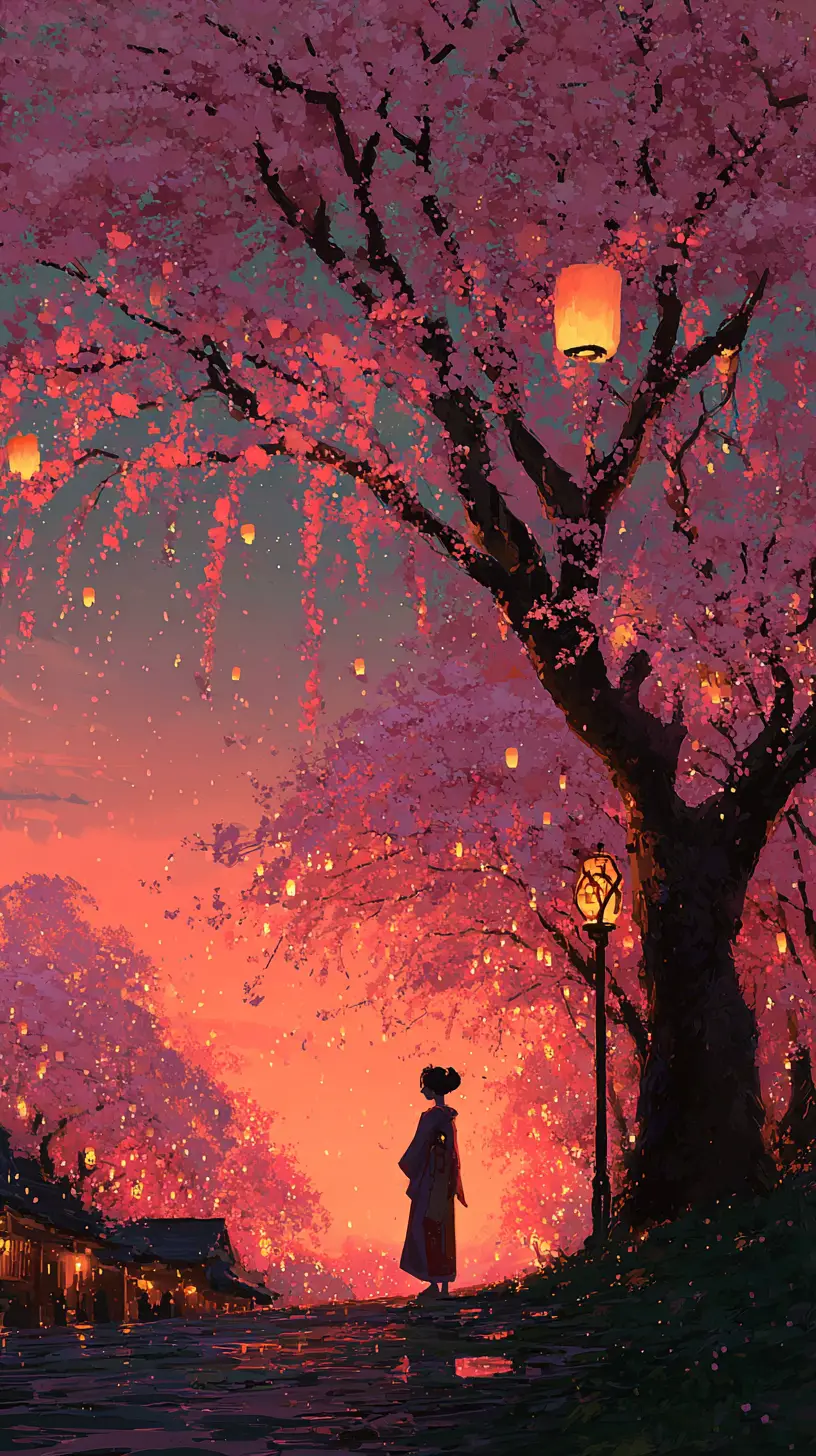 Geisha walking under cherry blossoms at sunset