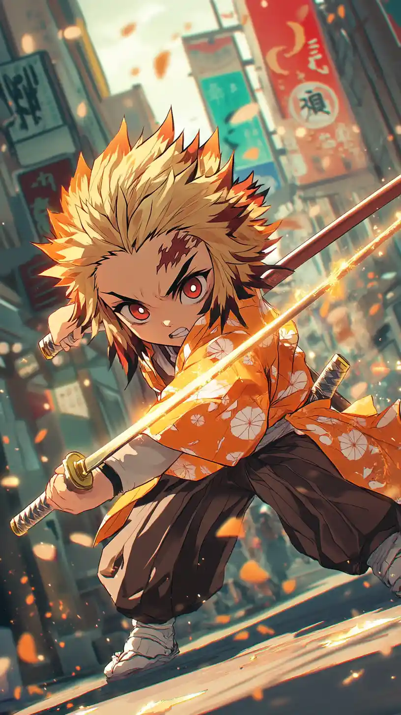 Chibi swordsman poised to strike on a glowing city street