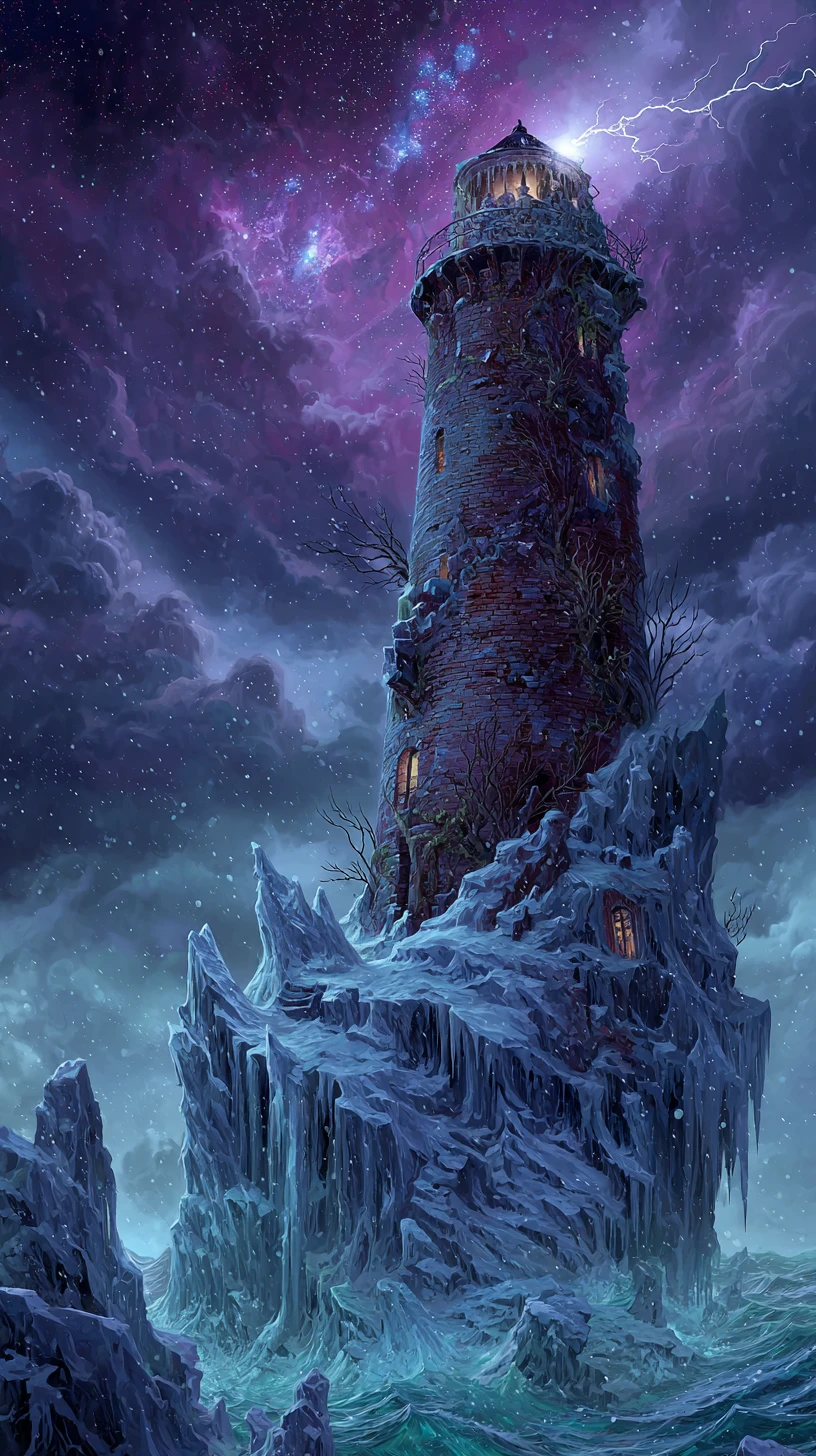 Ancient ruined lighthouse on a frozen storm swept island