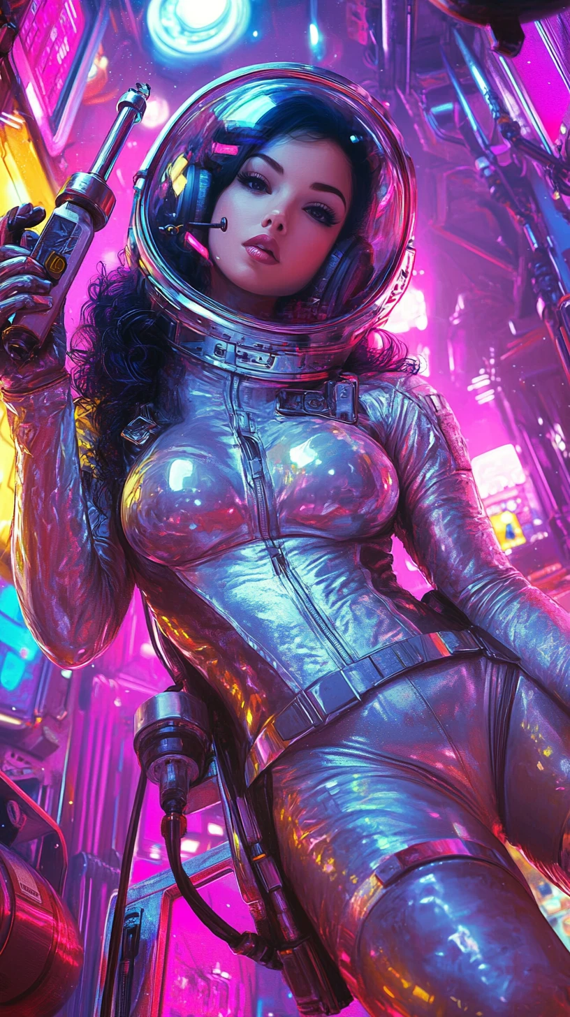 Curvy female astronaut with drill in retro space station