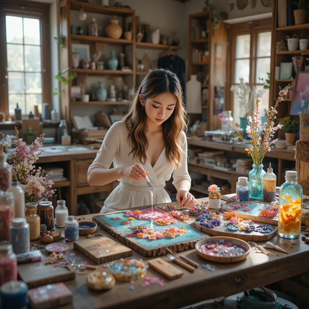 Young girl creating resin art in a cozy studio