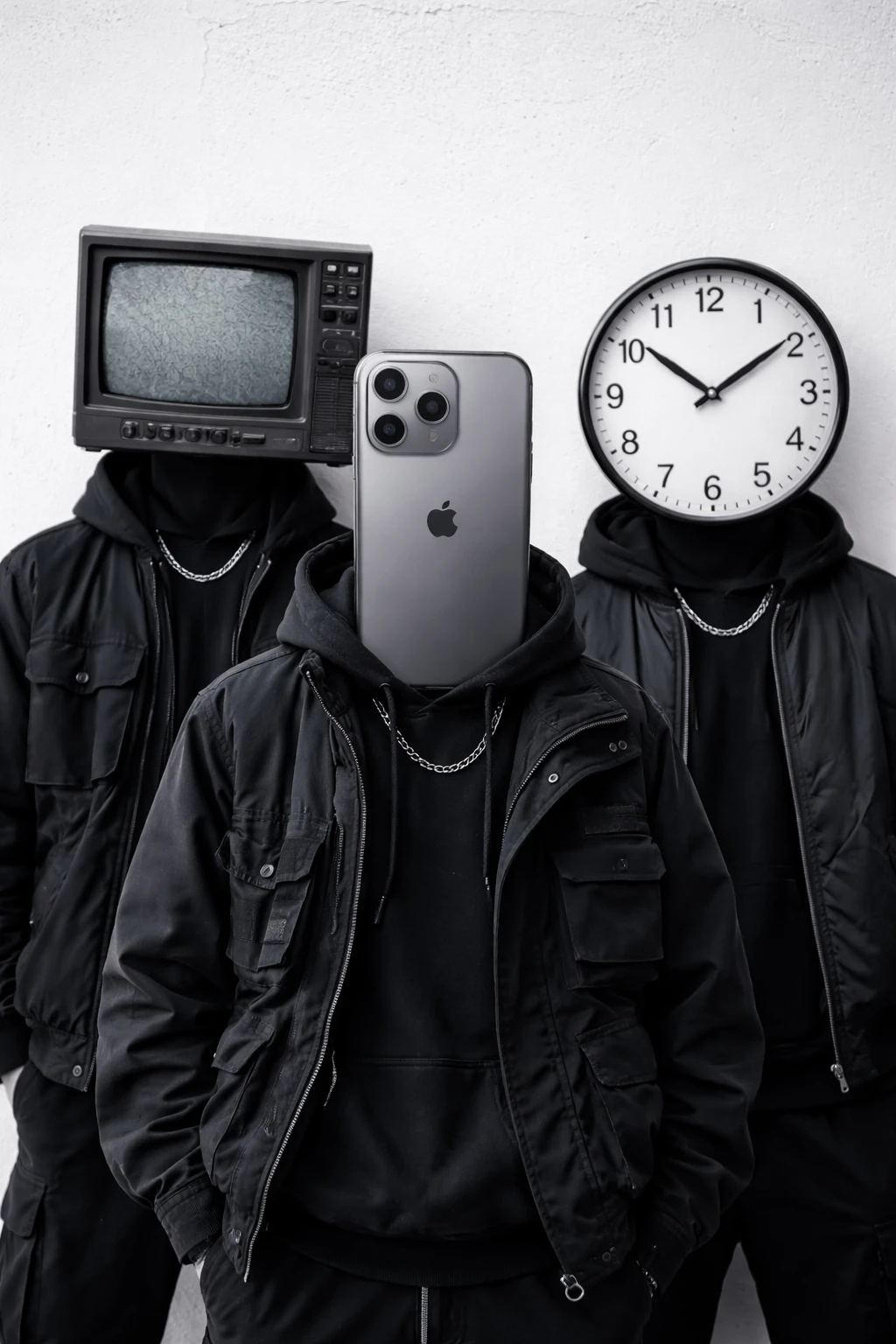 Three surreal figures with object heads against white wall