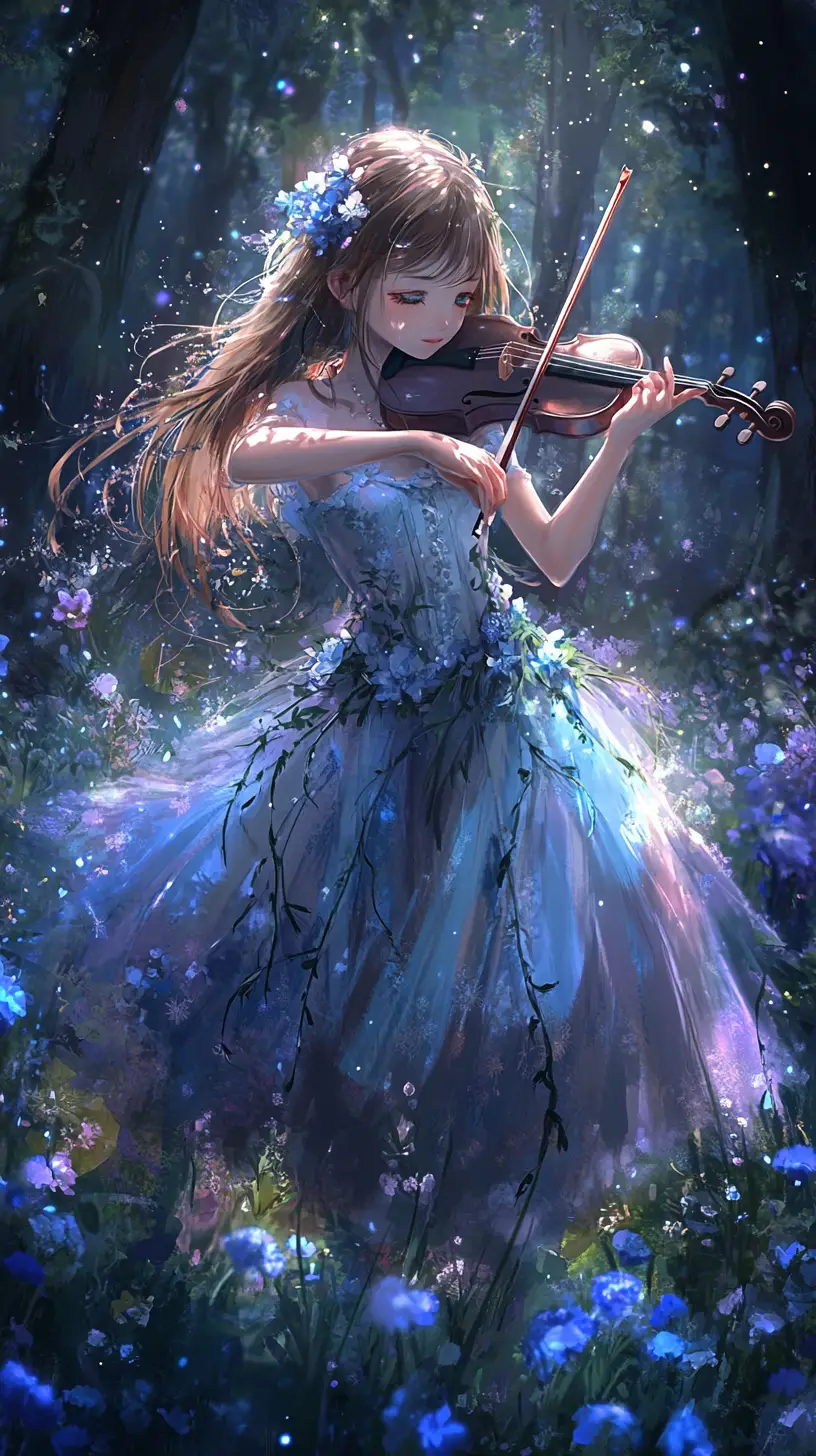 Ragazza anime che suona il violino in una foresta fantasy luminosa