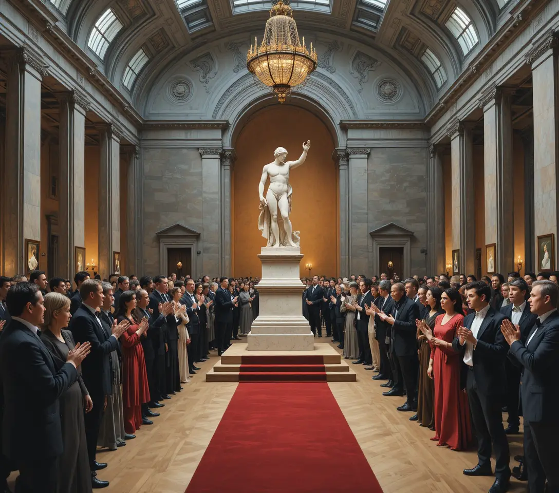 Elegante evento in sala museale con statua di marmo e ospiti