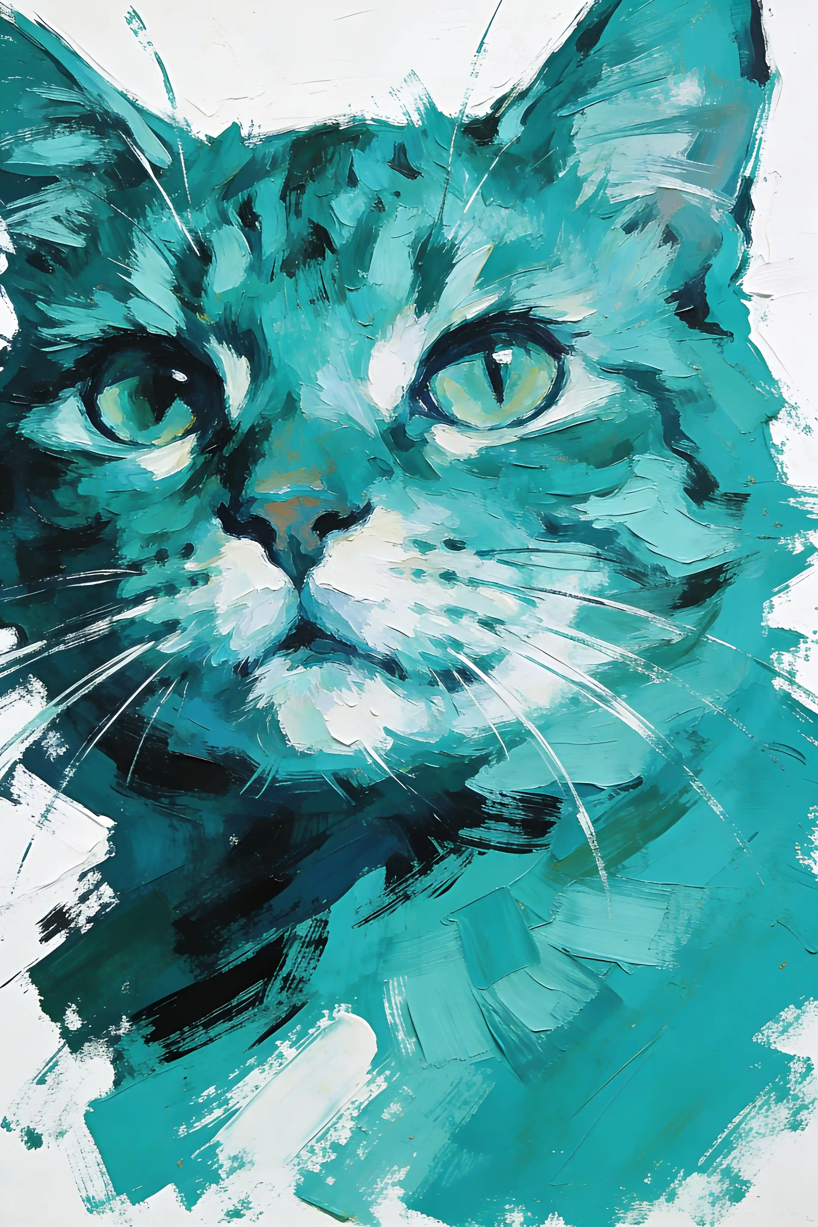 Abstract close up portrait of a teal cat on white