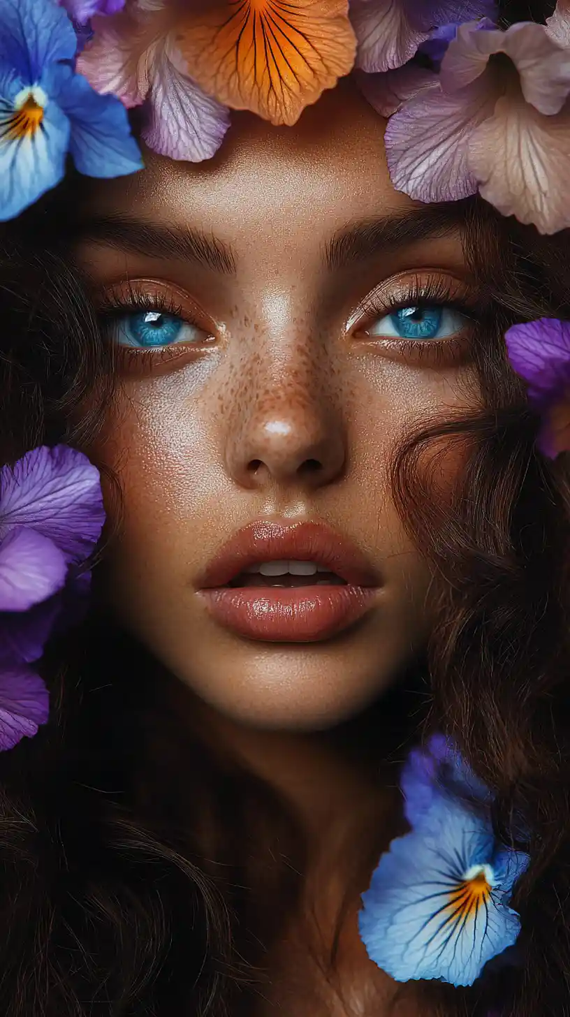 Surreal female portrait with heterochromia and African violets