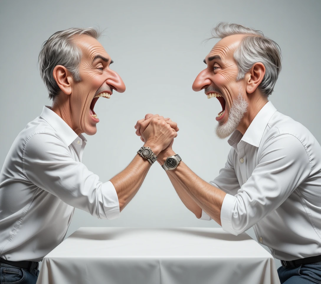 Two elderly men arm wrestling at a white table
