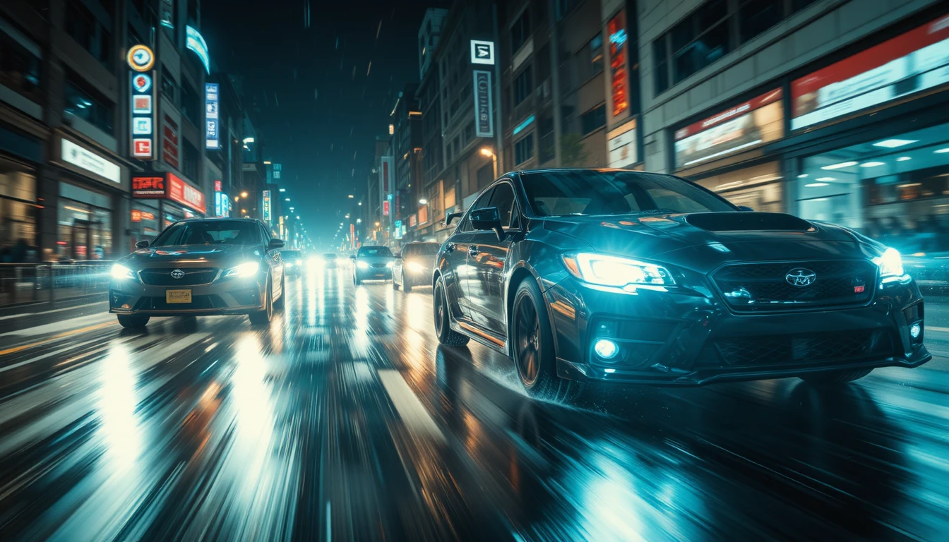 High speed cars racing through rainy city streets at night