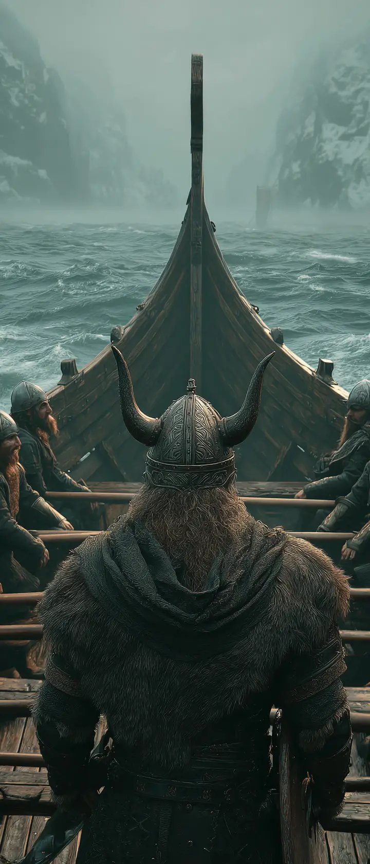 Re vichingo su una nave in tempesta che guarda in lontananza
