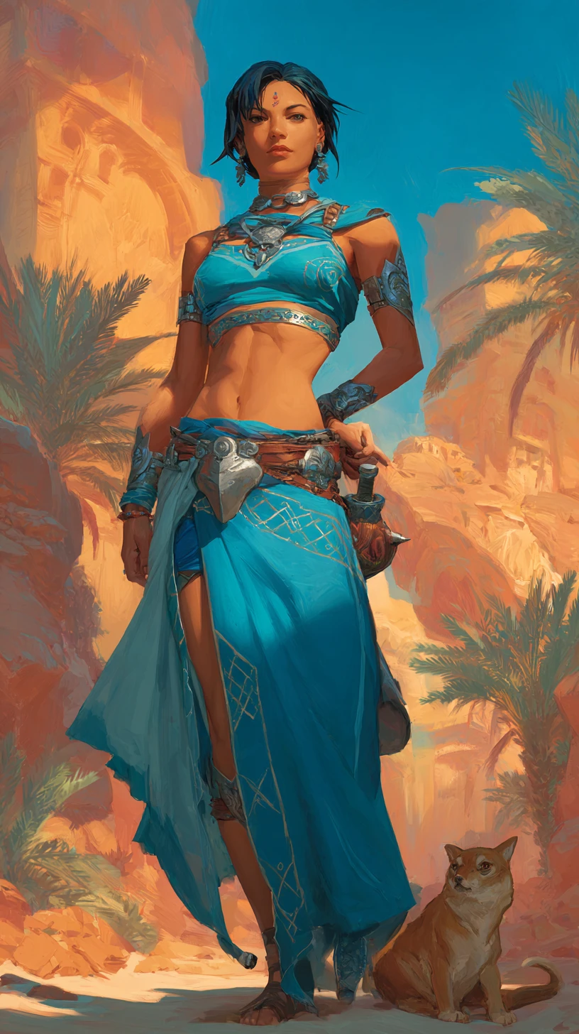 Confident desert warrior woman at a tranquil oasis