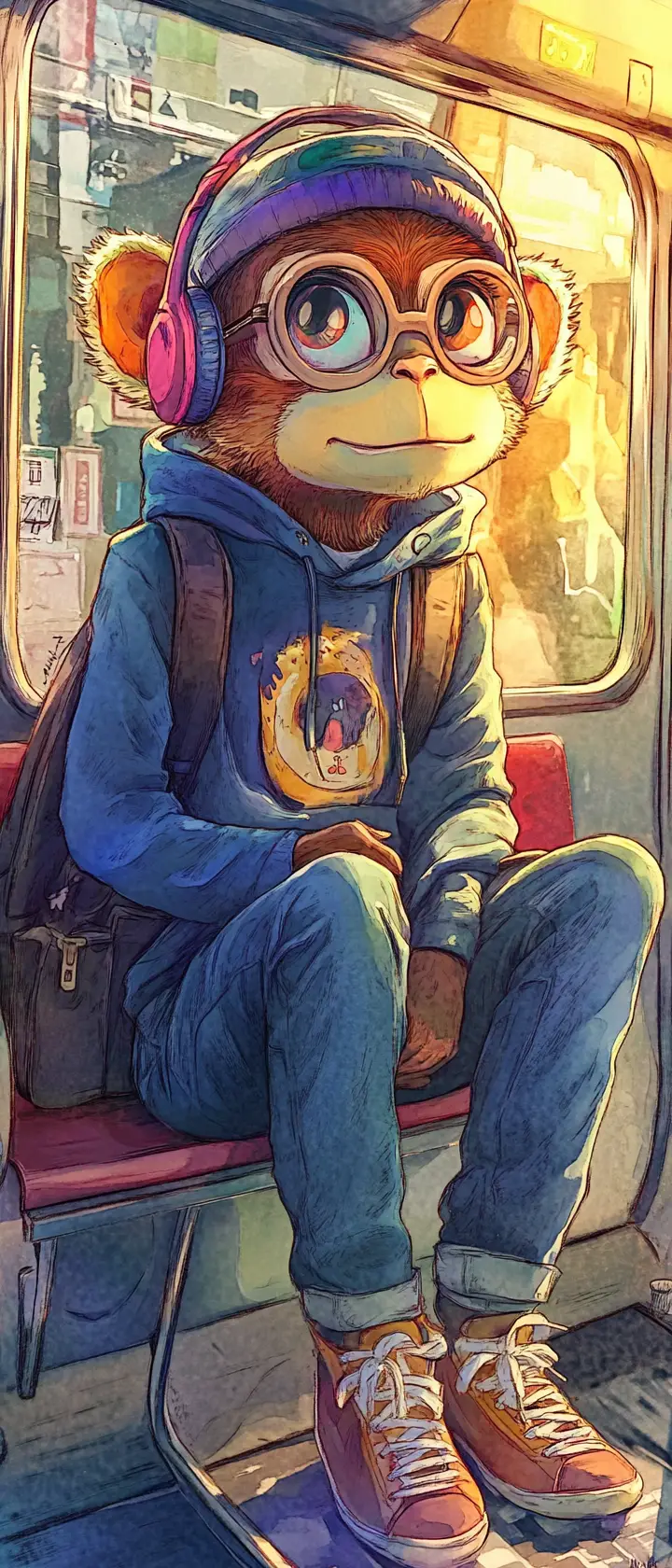 Happy cartoon monkey riding an old train at sunset