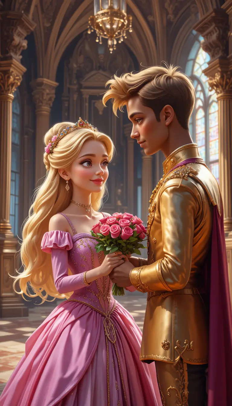 Princess receiving roses from a prince in a castle