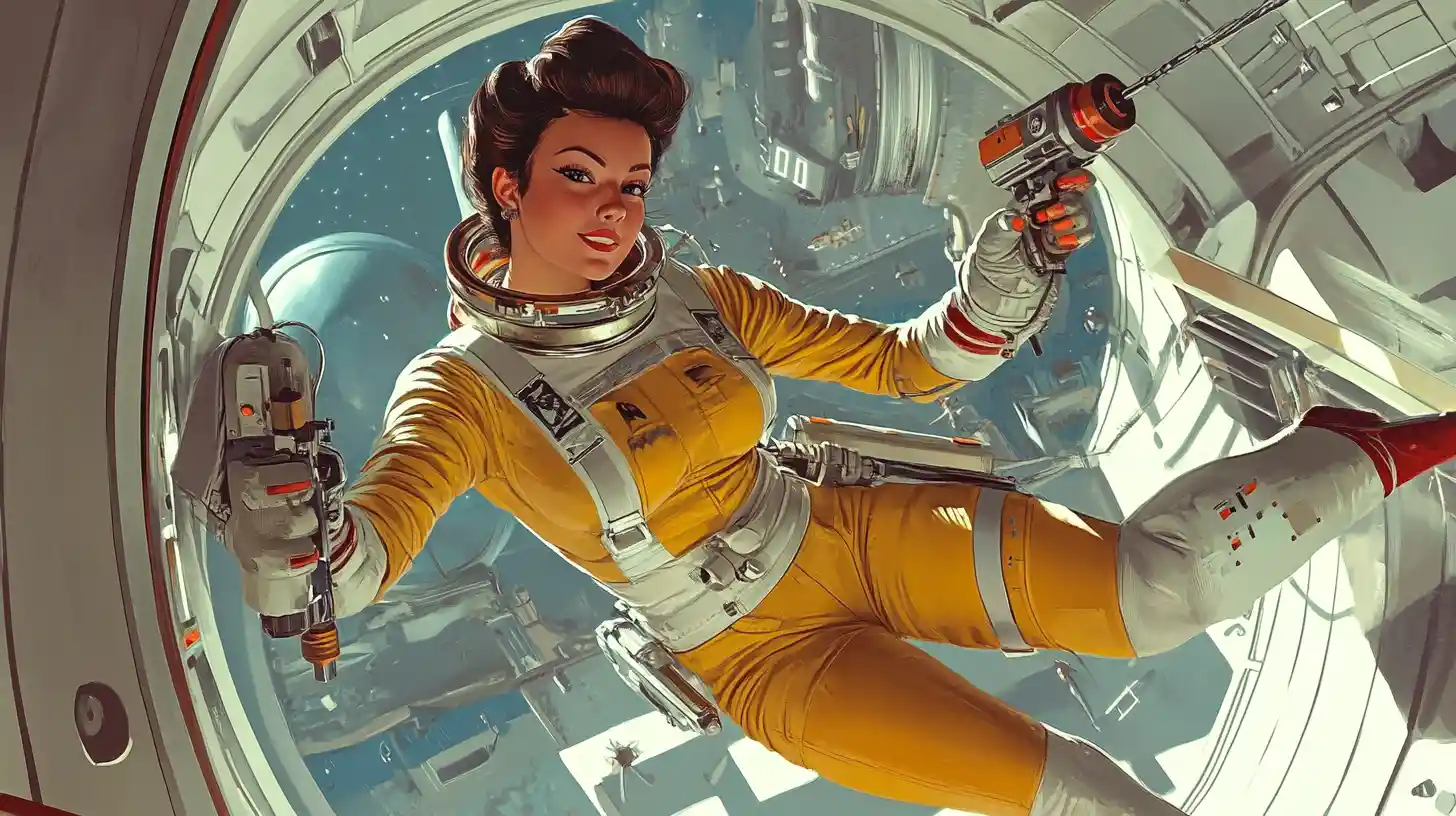 Female astronaut floating with drill in retro space station