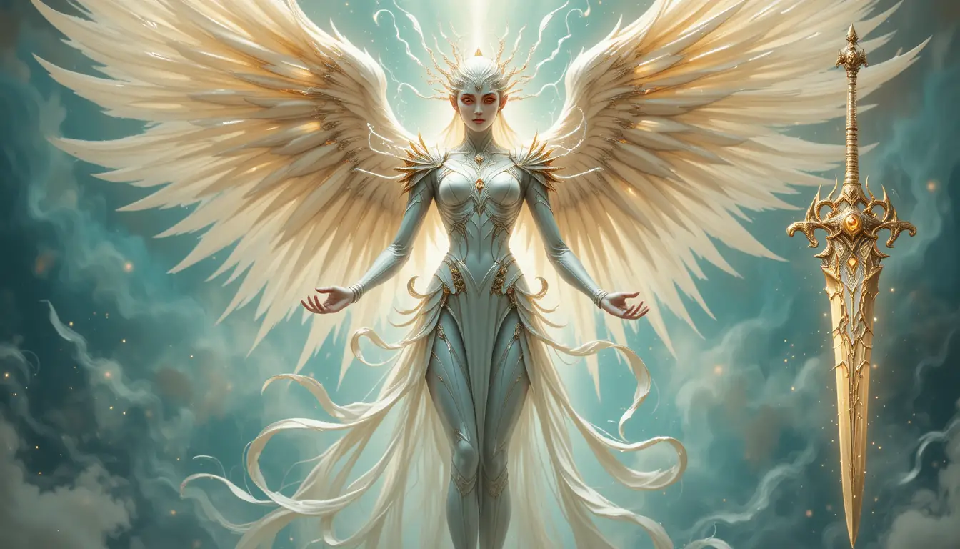 Ange cuirassé rayonnant aux ailes éthérées et à l’épée céleste