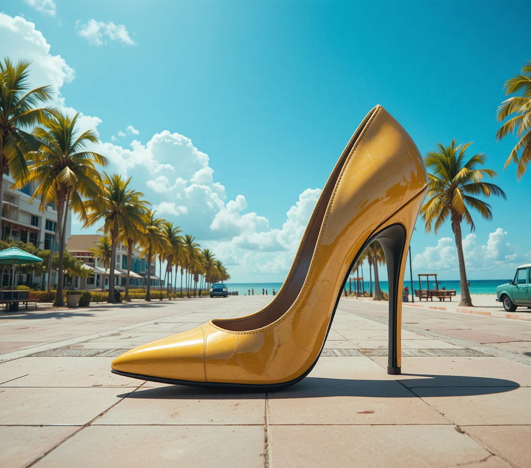 Close up of beige stiletto heel on sunny city beach