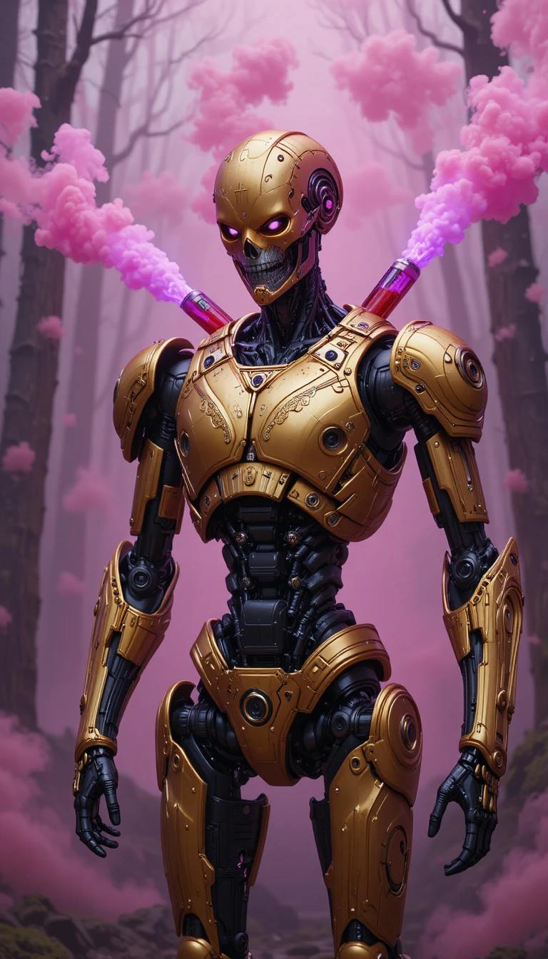 Golden armored humanoid robot in eerie pink forest fog