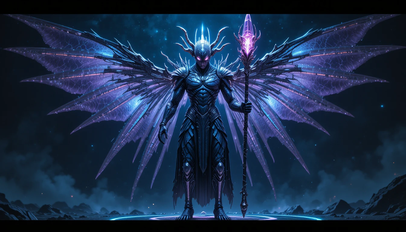 Majestic alien entity with glowing wings in cosmic void