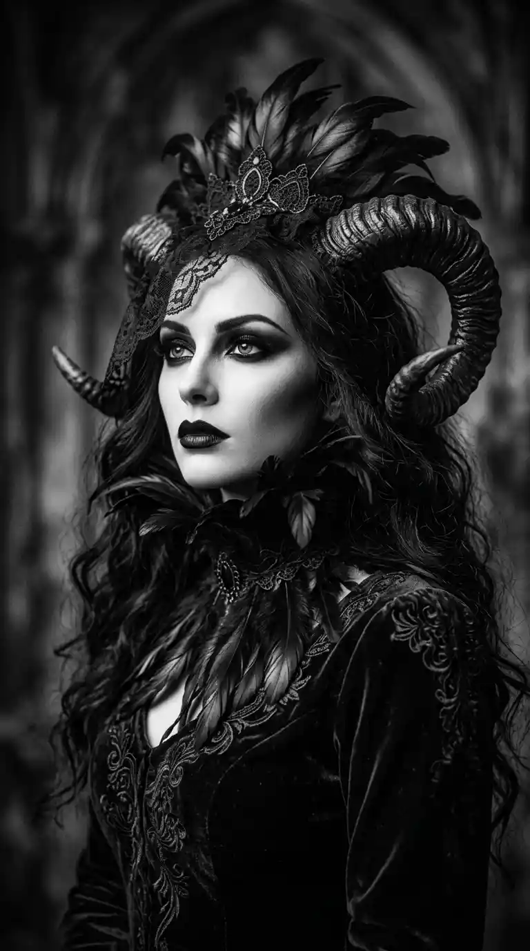 Gothic horned woman in dramatic black and white portrait