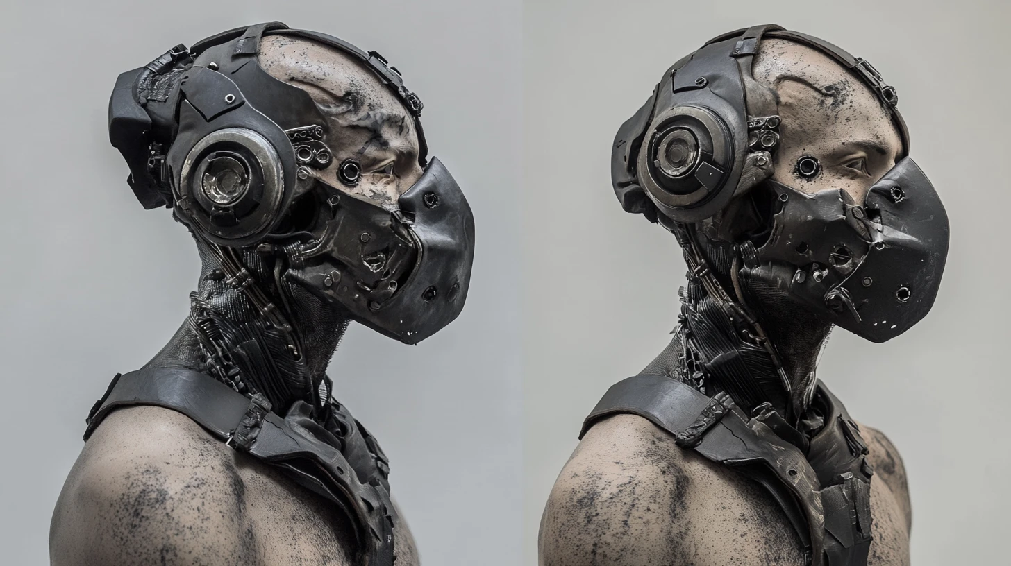 Cyberpunk commander cyborg with mechanical torso and mask