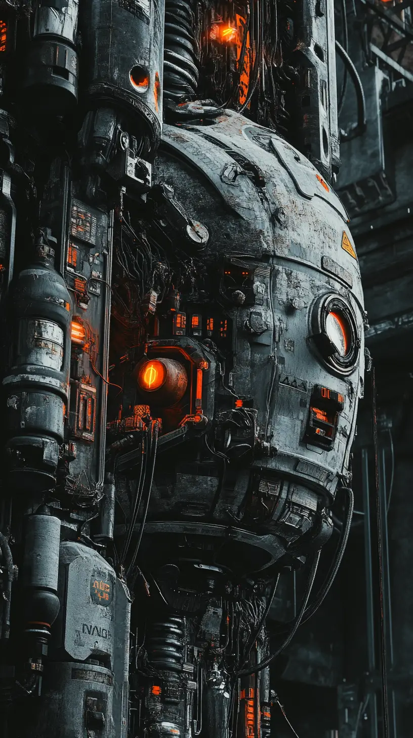 Scena biomeccanica cyberpunk cinematografica con cavi e fili neurali