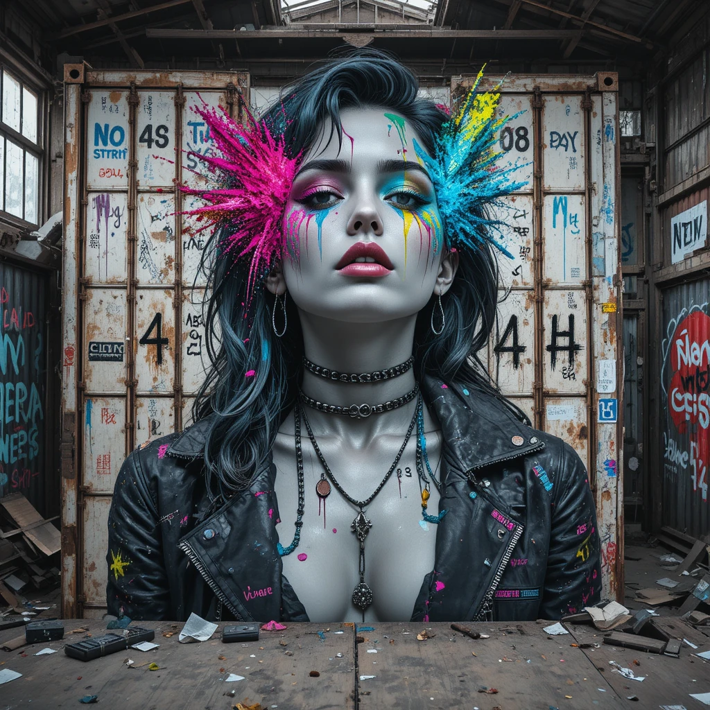 Murale glitch art di una donna spruzzata di neon in un magazzino