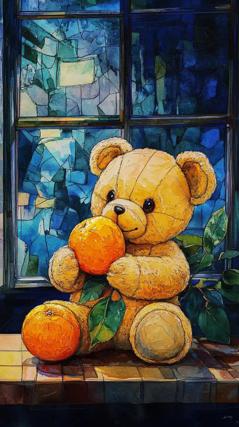 Niedlicher Chibi-Teddybär mit Zitrusfrüchten auf einem Küchentisch