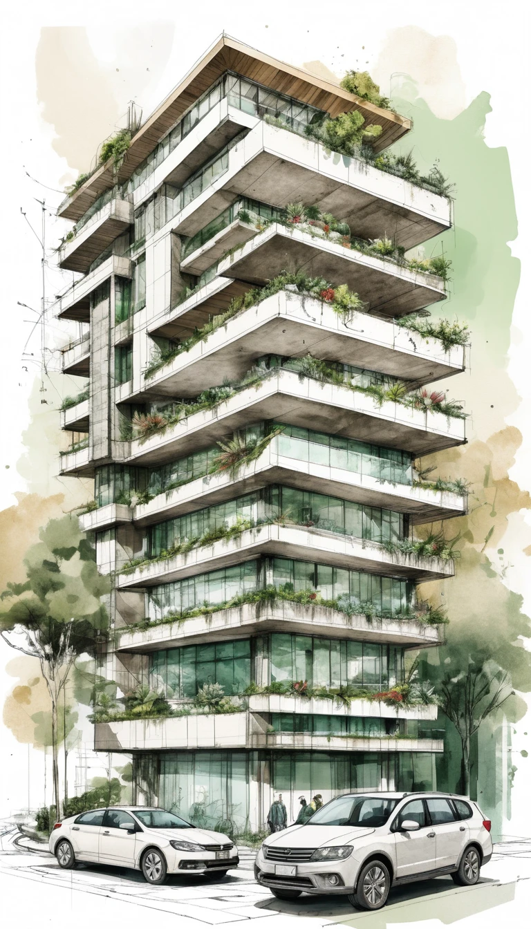 Modern architectural concept board with hand drawn building sketches