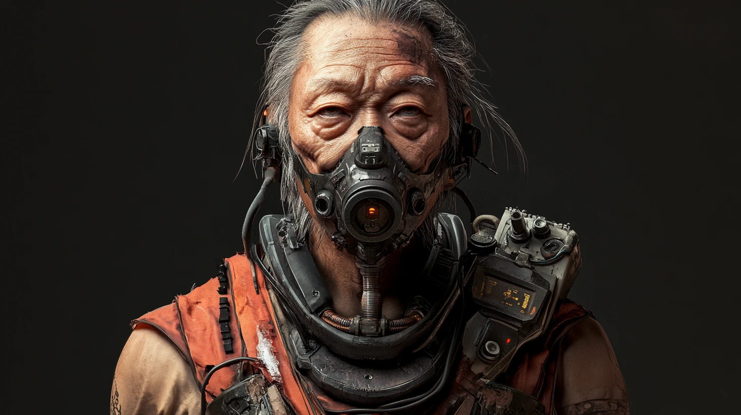 Weathered Asian cyborg elder with mechanical torso and mask