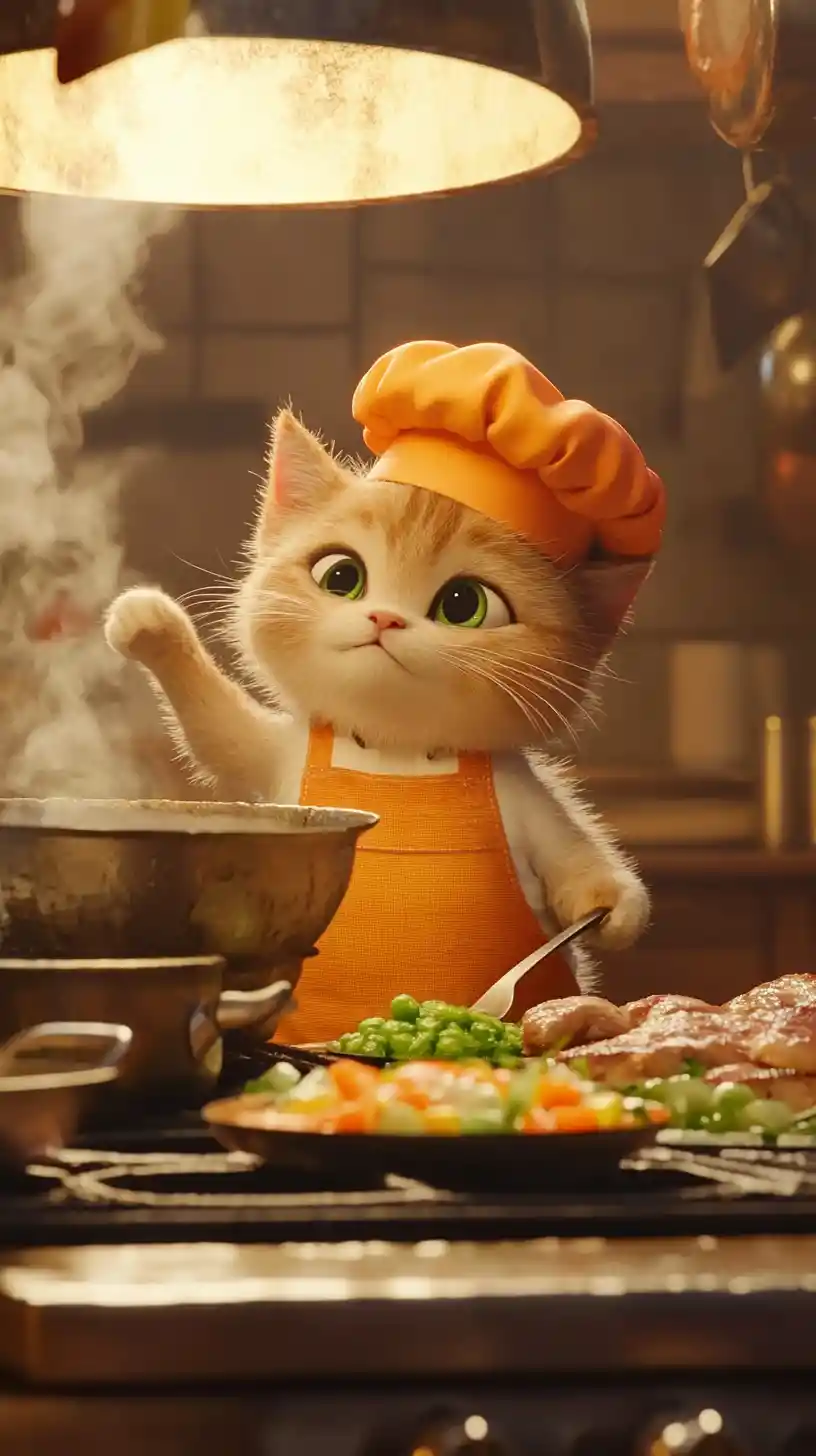 Cartoon cat chef cooking in a cozy kitchen