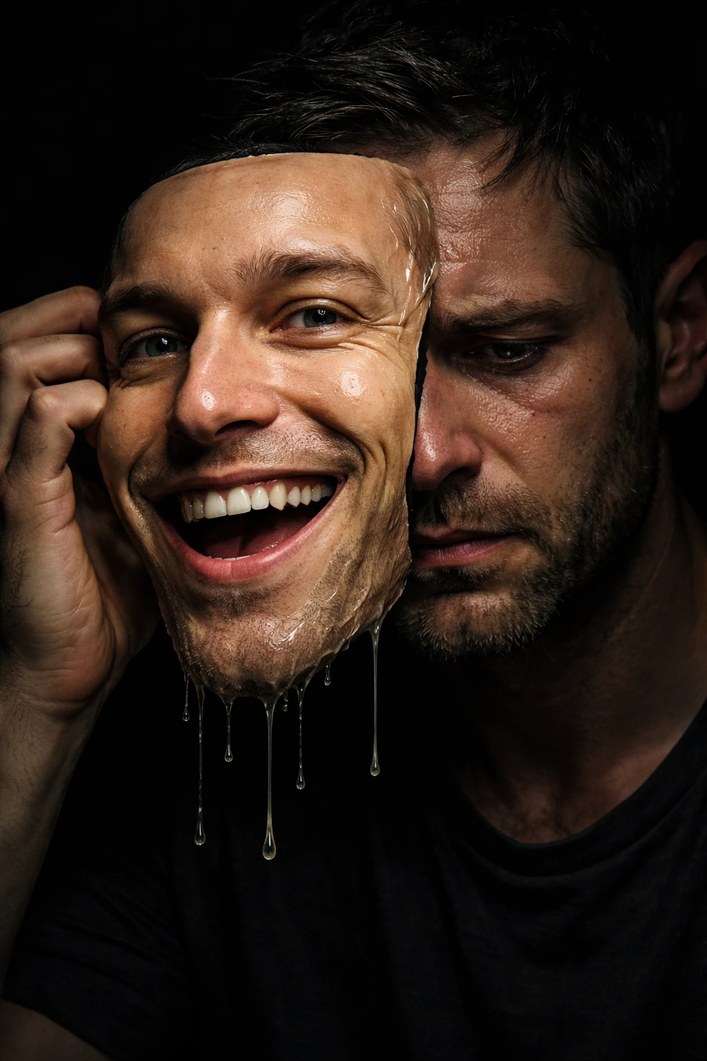 Sad man removing a smiling mask in close up portrait