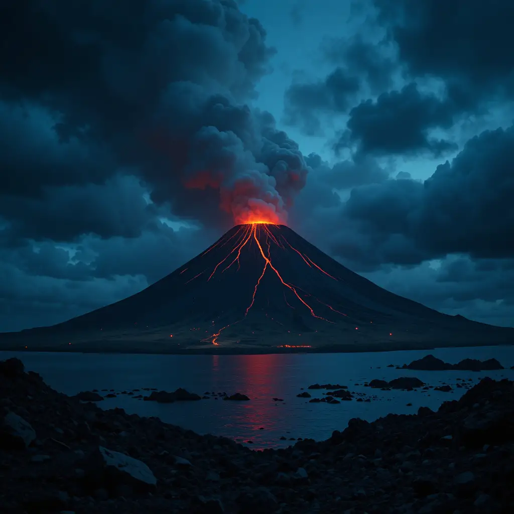 Île volcanique sombre illuminée par une lave rouge la nuit