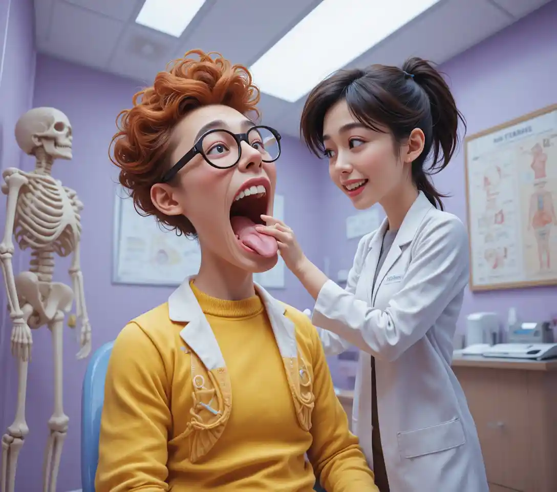 Dottoressa che esamina la gola di un paziente in uno studio medico luminoso