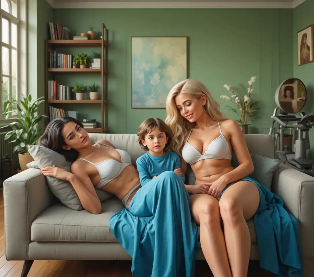Schlafende Familie, die gemeinsam auf einem gemütlichen Wohnzimmer-Sofa ruht