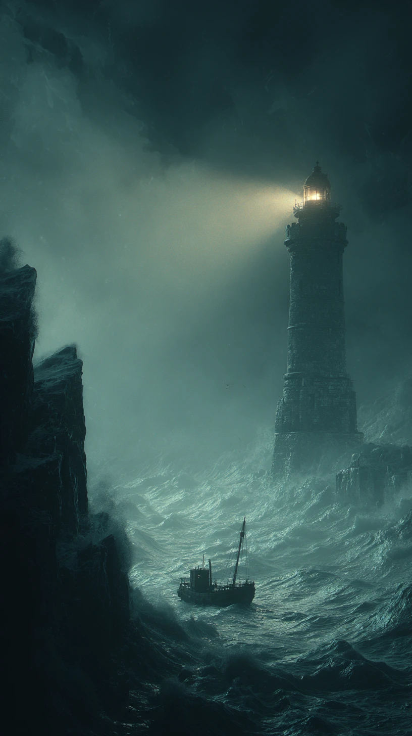 Tiny tugboat battles storm beside looming stone lighthouse