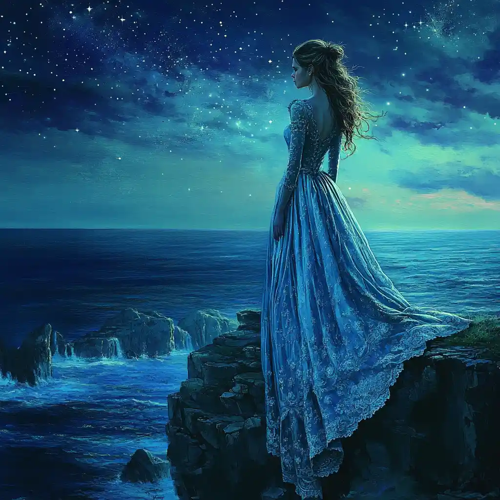 Donna eterea su una scogliera sopra un oceano stellato