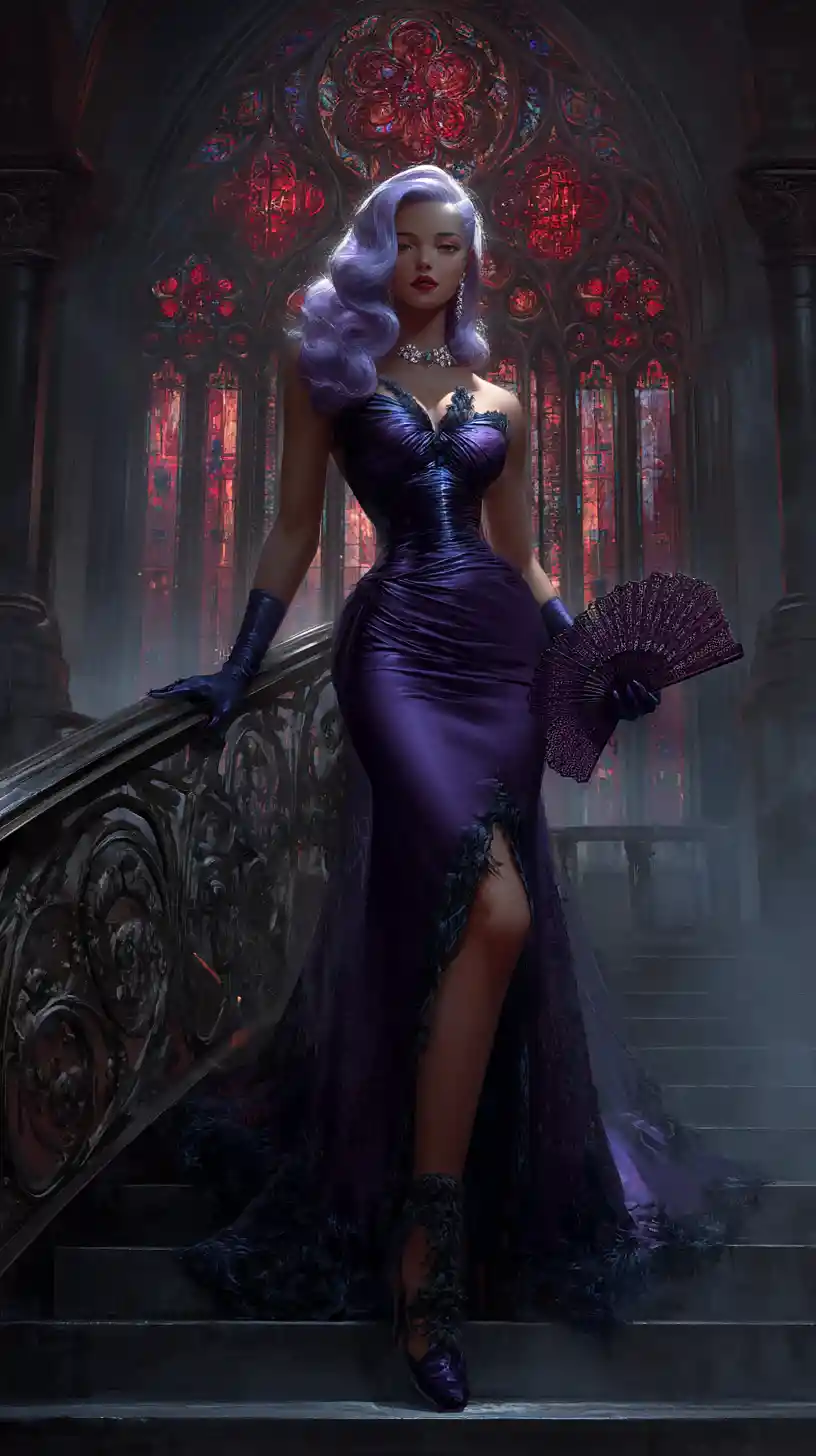 Gotische Femme fatale im violetten Kleid auf nebligen Marmortreppen