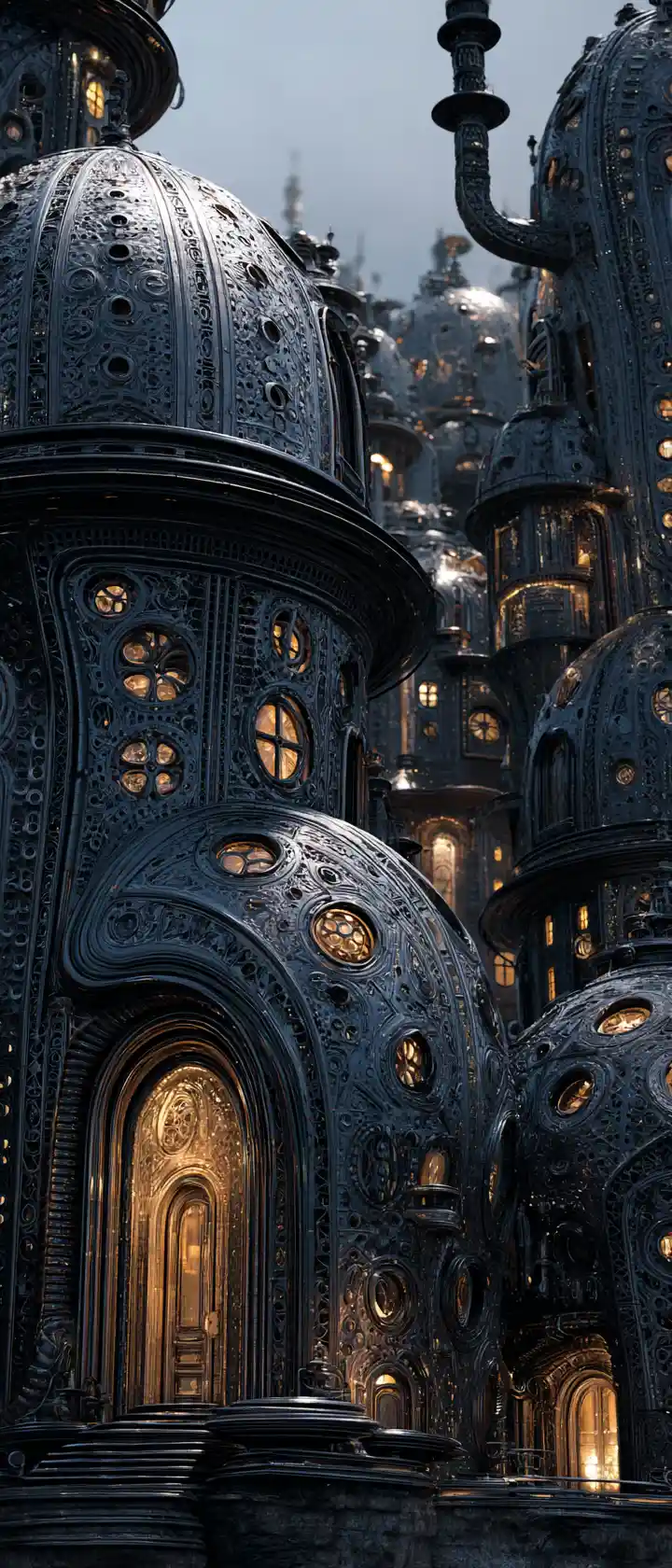 Fantastisches Steampunk-Dorf mit verdrehter Metallarchitektur
