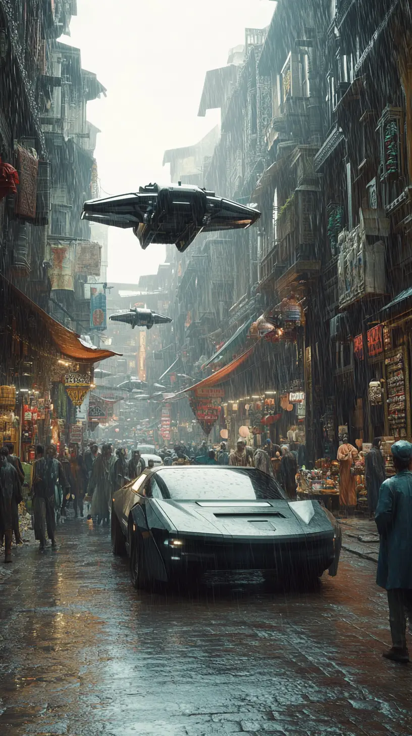 Giovane in città futuristica piovosa con auto volanti